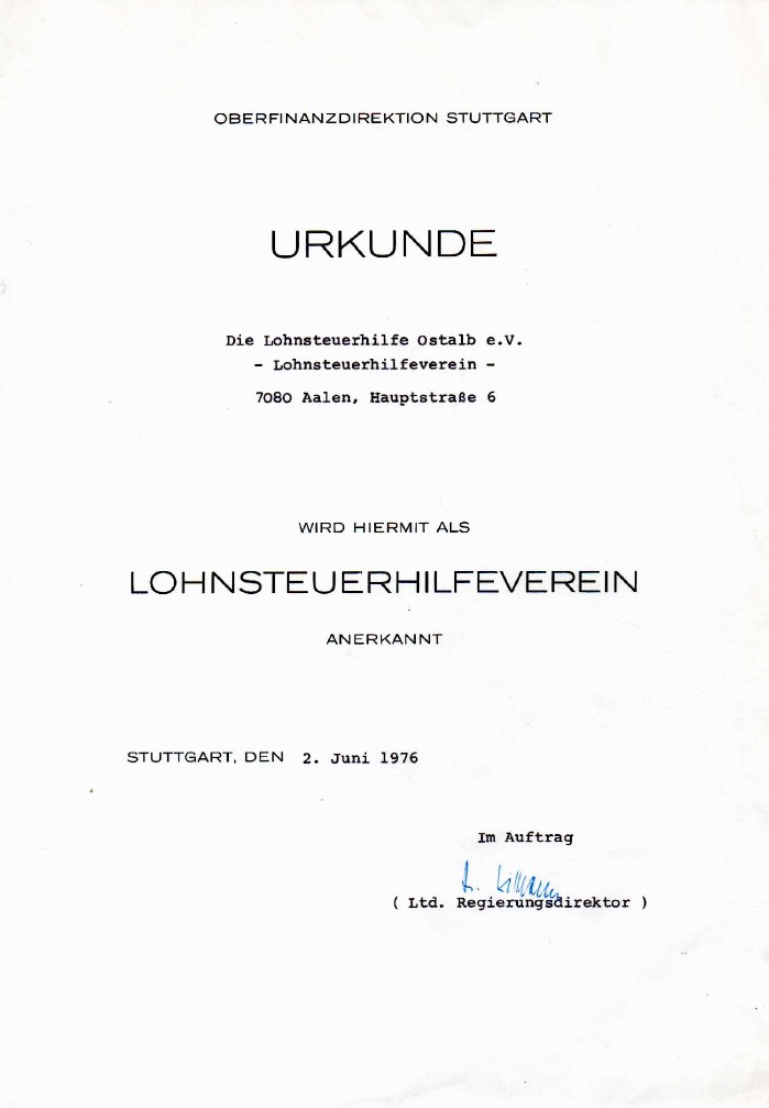 Anerkennung des Lohnsteuerhilfevereins durch die Oberfinanzdirektion Stuttgart